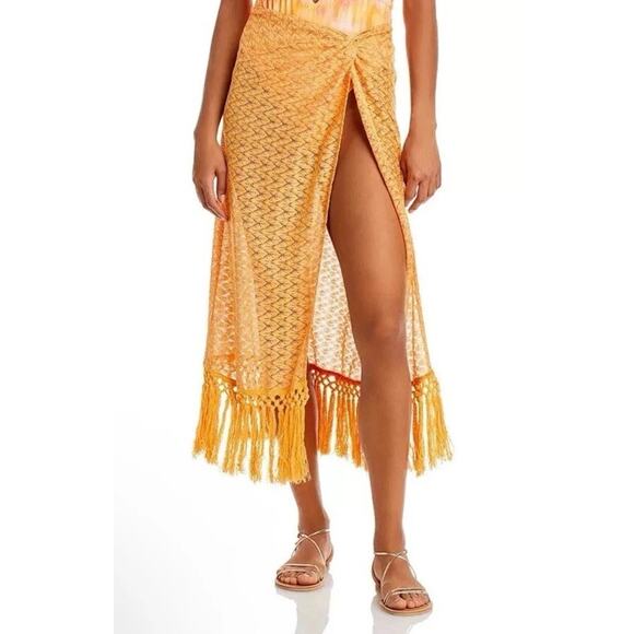 Ramy Brook Gaia Fringe Swim Cover-Up Skirt S Orange/Gold Elastic Waist Pull On - Picture 1 of 16